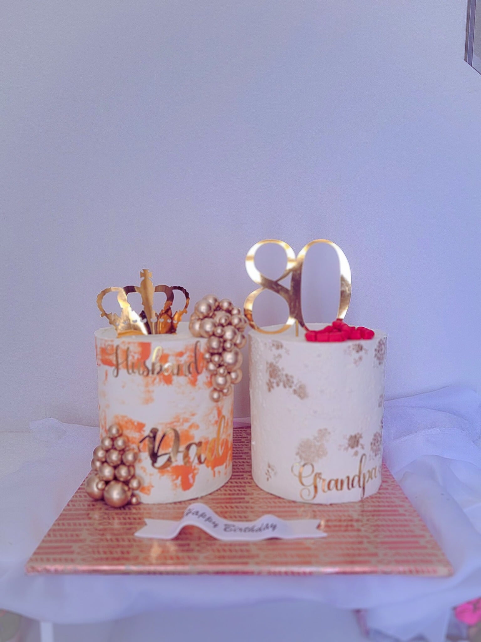 Gold and rose 80th birthday cake set with crown topper and pearls